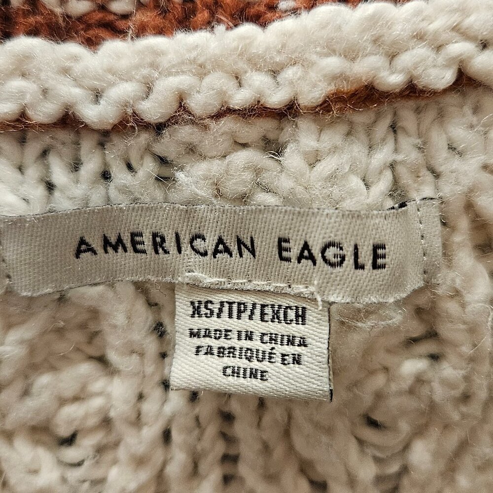 American Eagle Cable Knit Varsity V-Neck Sweater Cream and Copper Blue Accent XS - Picture 6 of 13